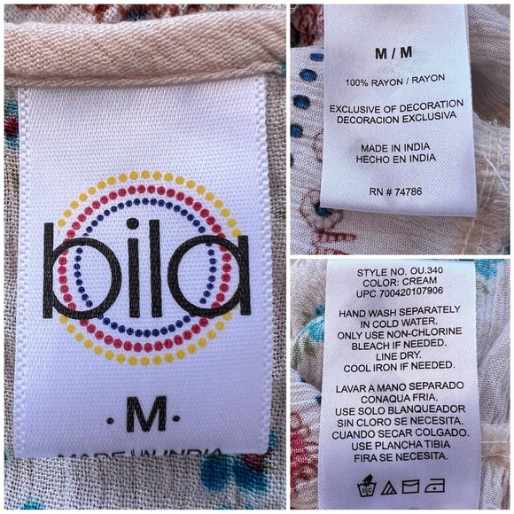 Bila Tank Top Jessica Sleeveless Tie Neck Blouse Bohemian Floral Cream Medium M - Picture 4 of 17